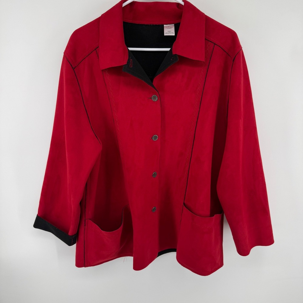 Grannycore‎ Red Faux Suede Button Front Jacket Black Trim Women Size 14